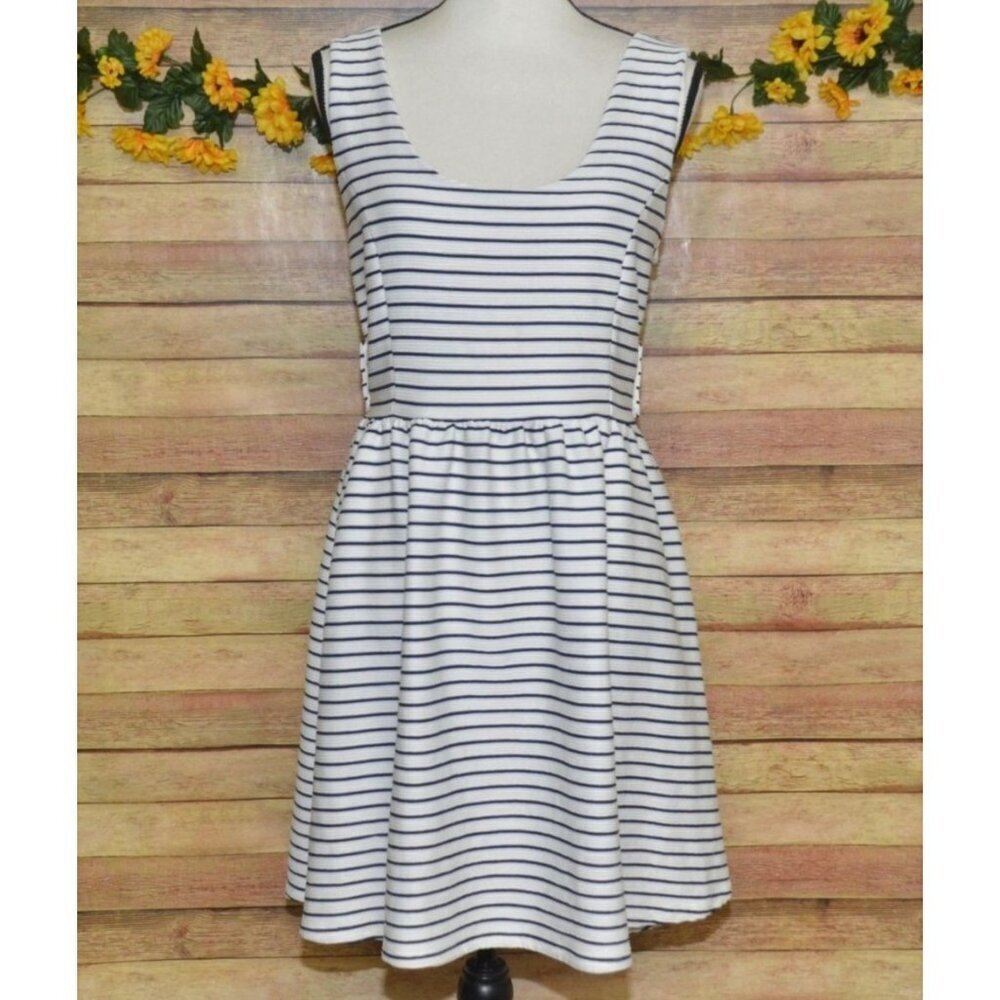 Lauren Conrad Sun Dress Navy Nautical Cross Back Size L Fit & Flare Preppy Lined